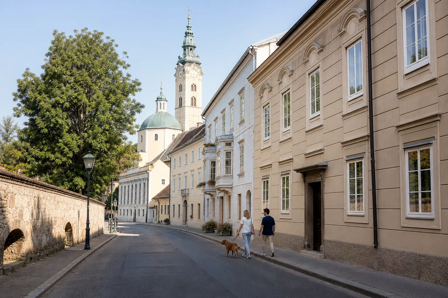 Wohnhaus in einer österreichischen Altstadt mit Domturm in der Nähe